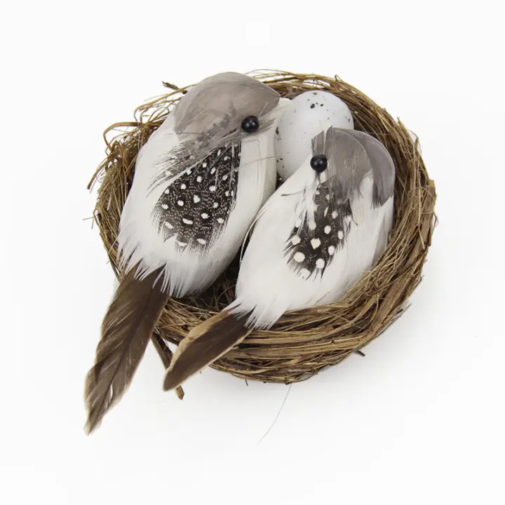 1 juego de pájaros de plumas realistas con nido y huevo de pájaro, pájaros artificiales artesanales para jardín, decoración de césped - 1