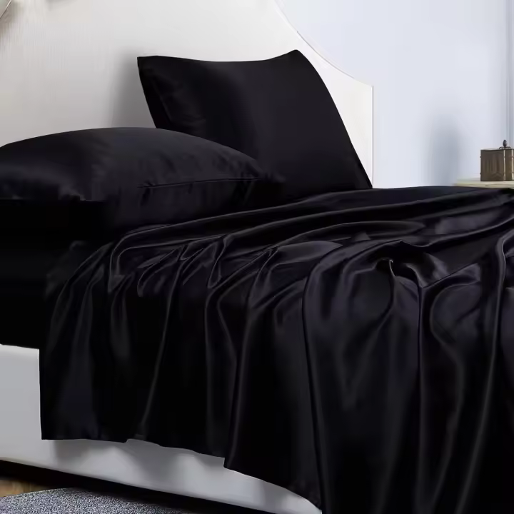 Juego de Sabanas de 4 Piezas Raso Cama 180 Color Sólido 180x200 cm para Colchón de hasta 36 cm de Altura - Sábana Bajera Ajustable, Encimera y 2 Funda de Almohada - Negro - 1