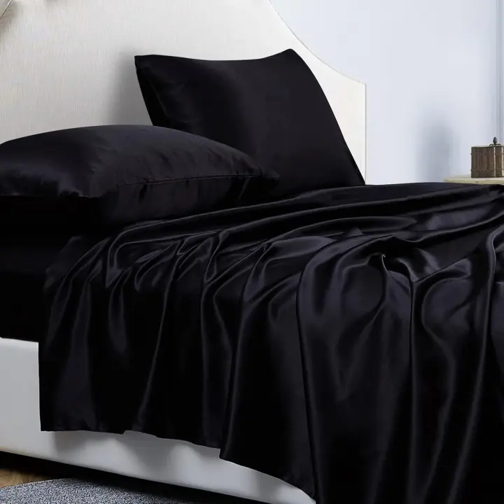 Juego de Sabanas de 4 Piezas Raso Cama 180 Color Sólido 180x200 cm para Colchón de hasta 36 cm de Altura - Sábana Bajera Ajustable, Encimera y 2 Funda de Almohada - Negro - 1