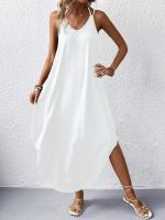 Vestido Maxi Blanco De Encaje Con Tirantes Y Abertura En La Manguera Para Mujer Talla Grande Estilo Punk Con Cuello En V - details 3