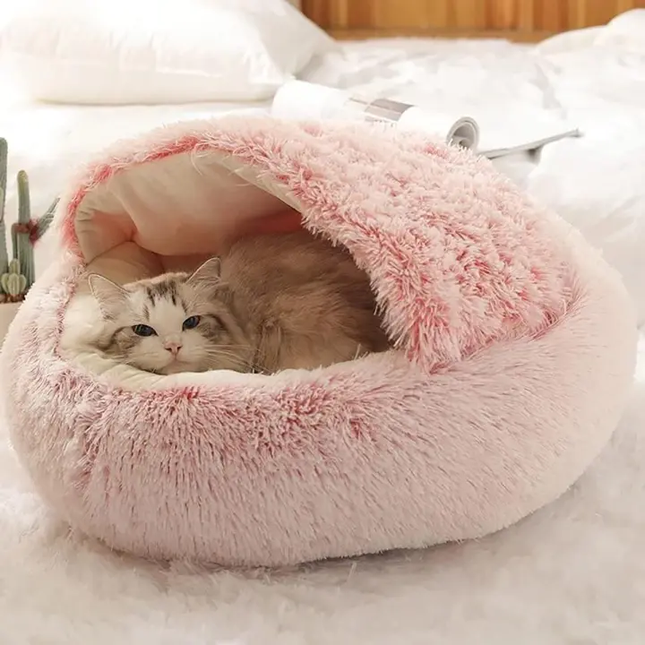 Cama De Gato Redonda De Peluche Suave Con Capucha Cueva Cómoda Para Gatos De Interior O Cachorros Pequeños Cama Doughnut Antiestrés - 1