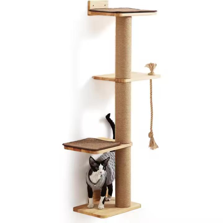 Árbol para Gatos de 127 cm, Montado en la Pared, con Cama para Gatos, Poste Rascador y colchoneta de Yute, árbol Rascador para Gatos Hecho de Madera de Caucho sólida Natural, Grande - 1
