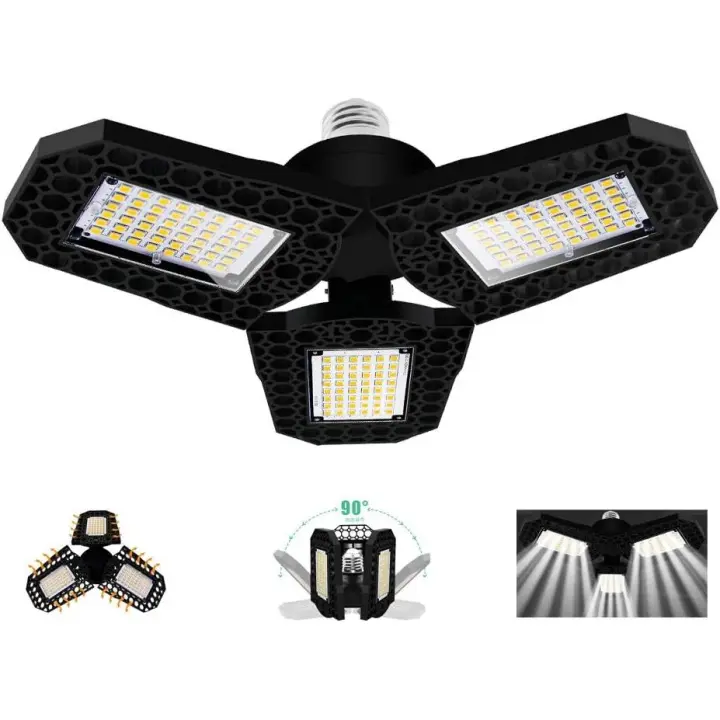 Lámpara de garaje LED de 60 W, bombilla de techo deformable E27 con 3 paneles ajustables, blanco frío, para garaje, taller, almacén, sótano, pasillo, estadio [Clase energética A+] [Clase energética A+] - 1