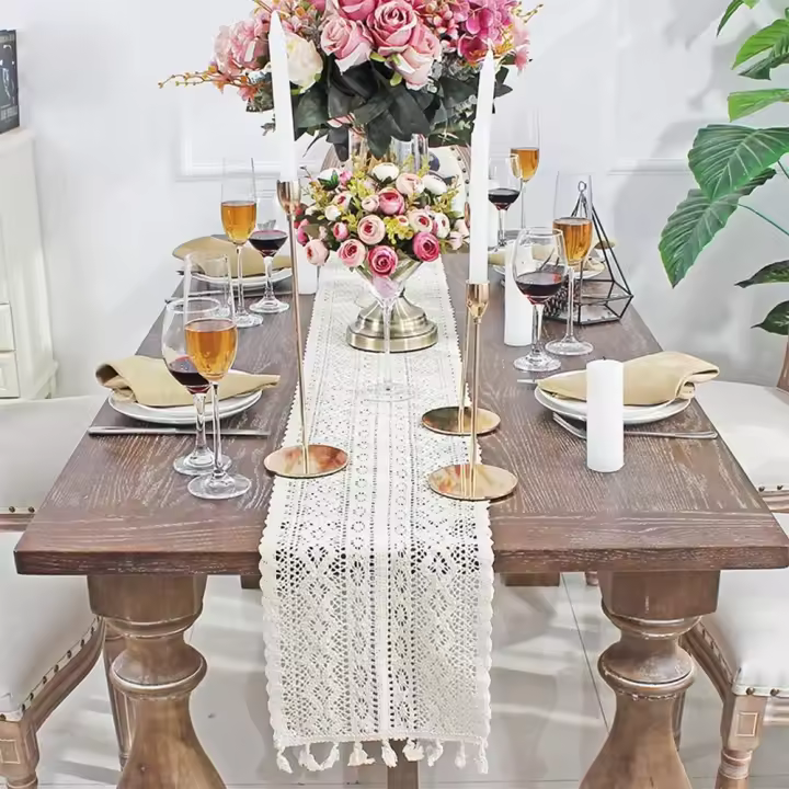 Camino de mesa de macramé beige de 9,5 x 71 pulgadas, rectangular, con encaje de crochet, elegante mantel de malla hueca para decoración rústica y bohemia para bodas - 1
