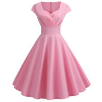 Vestido Midi De Verano Rosa Elegante Para Mujer Vuelta En El Cuello Vintage Rockabilly Pin up Fiesta Oficina Vestido A-Line Suelto - details 1