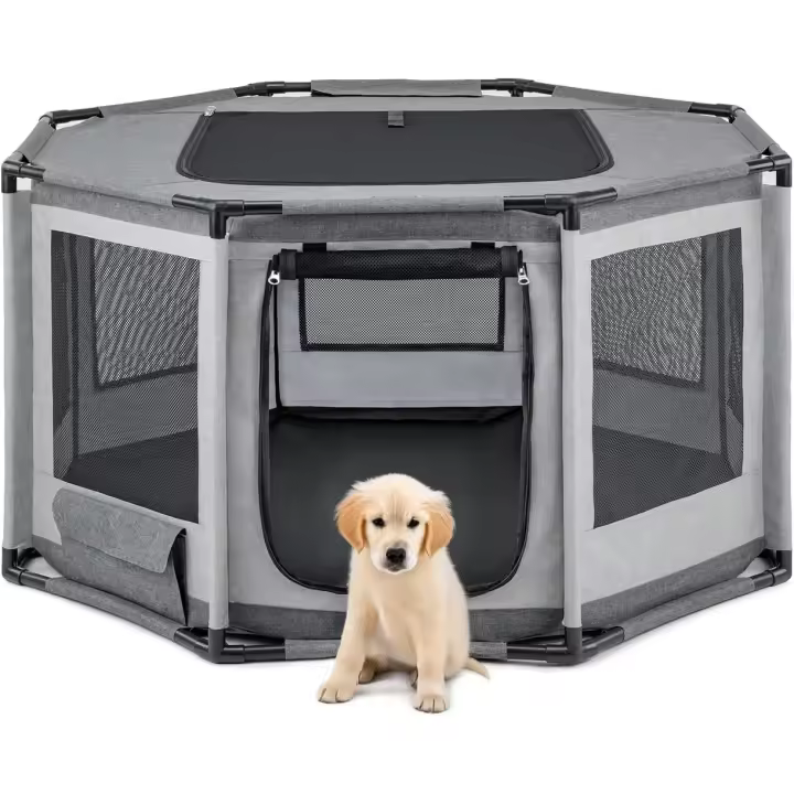 Parque para Perros en Tela Oxford, Malla Transpirable, con Cremallera y Bolsillo Lateral, Estructura de Tubos PVC, Jaula Octogonal para Perros y Gatos, 112x112x62 cm, Gris - 1