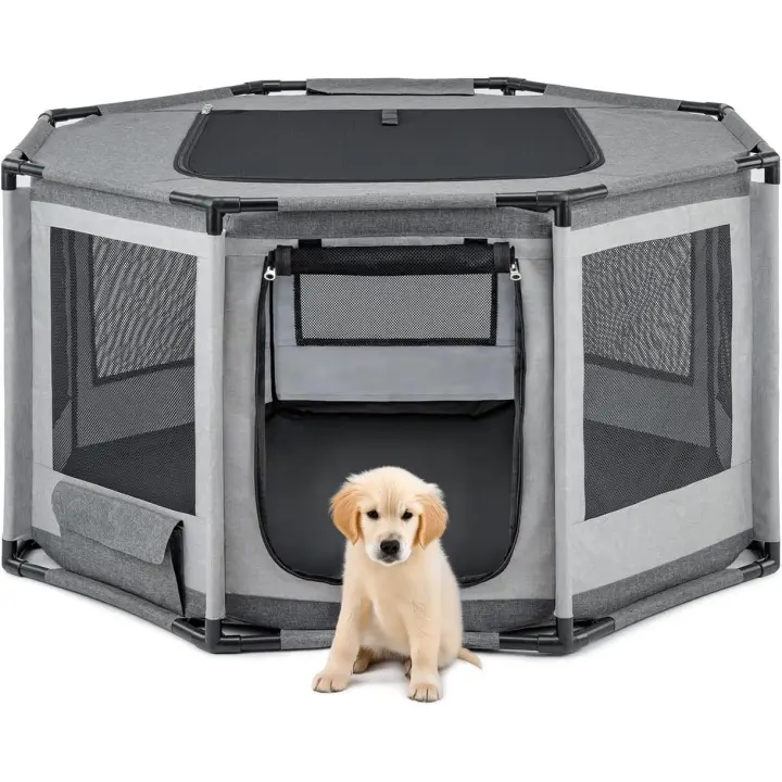 Parque para Perros en Tela Oxford, Malla Transpirable, con Cremallera y Bolsillo Lateral, Estructura de Tubos PVC, Jaula Octogonal para Perros y Gatos, 112x112x62 cm, Gris - 1
