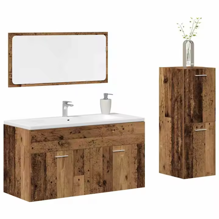 vidaXL Juego de muebles de baño 3 piezas madera ingeniería envejecida en color Madera antigua/Blanco brillante/Blanco y más | almacenamiento funcional diseño moderno para baño dormitorio sala - 1