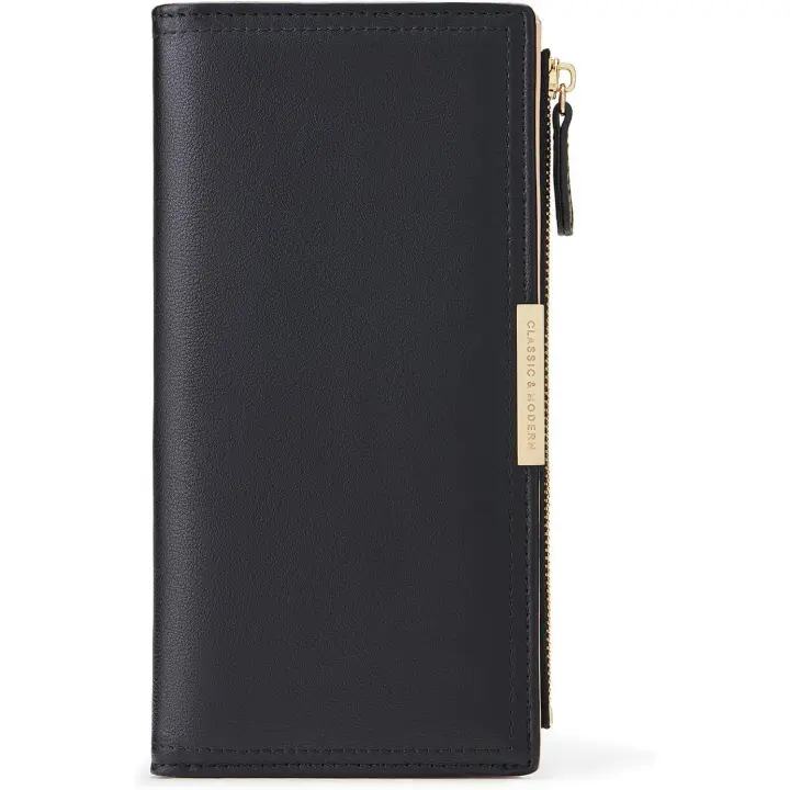 Monederos para mujer, billetera delgada plegable para mujer con bolsillo con cremallera, tarjetero fino para mujer, negro - 1