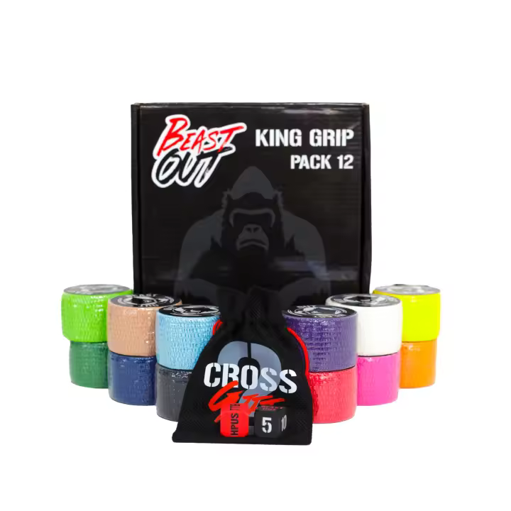 BeastOut Tape King Grip - Pack de 12 Tape Crossfit Premium (4 cm x 6 m), Venda para dedo elástica adhesiva ideal para vendaje deportivo, Tape crossfit con adhesivo para dedos, Incluye juego de dados de regalo - 1