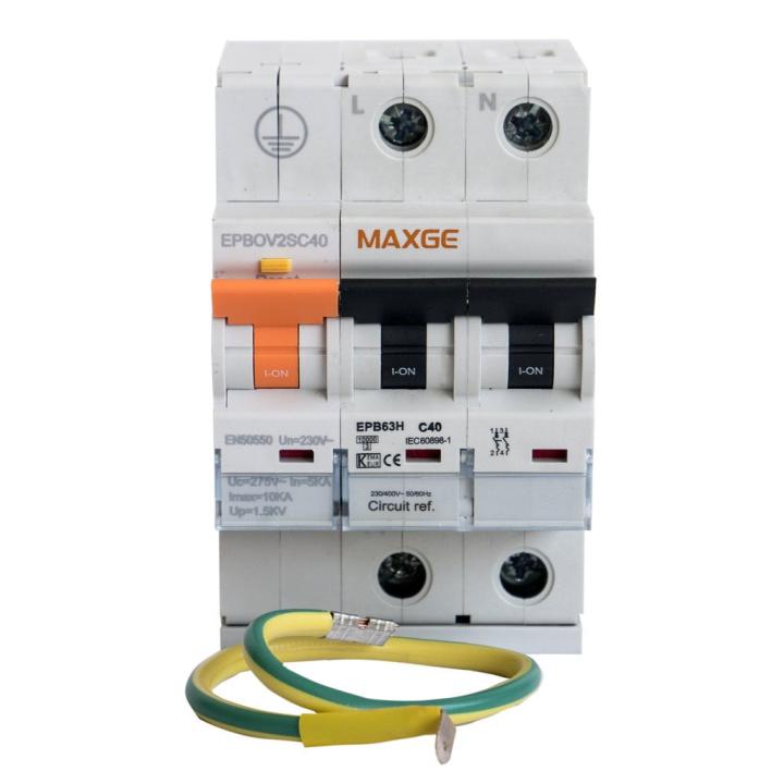MAXGE EPBOV2SC40 MONOFASICO 2 POLOS 40A Protección combinada sobretensiones IGA permanente + transitoria Norma EN50550. Fácil instalación y protección garantizada. Precableado 230V/AC, Tipo 2, Clase C 15kA lmax, Poder de corte: 1000A, 40 Amperios. .