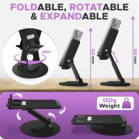 Height Adjustable Metal Mobile Phone Stand with 360° Rotating Base - Mobile Phone Holder Compatible with All iPhones and Android Smartphones (Black) - details 0