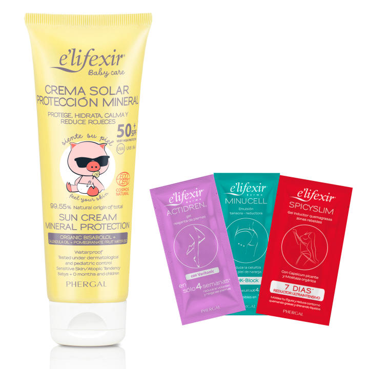 Elifexir ECO Baby Care Crema Solar Mineral Niños y Bebés + Muestras | Protector solar UVA, UVB e IR-A SPF 50+ | Filtros 100% Minerales | 99% Ingredientes Naturales | Resistente al agua | Hipoalergénica, 100 ml