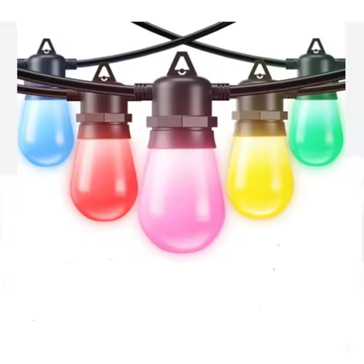 Luces de hadas para exteriores RGBW inteligentes, 15 m, 15 bombillas LED S14 para exteriores, IP65 a prueba de agua, control de aplicación, 40 modos de escena, sincronización de música, temporizador, blanco cálido regulable para jardín, patio, boda - 1