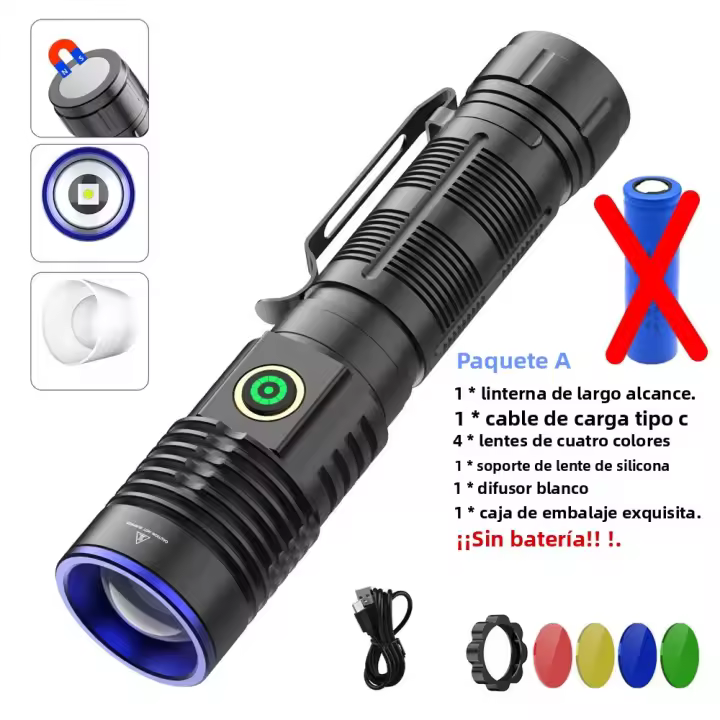 Linterna Táctica Recargable LED Con Telescópico Magnético Y Luz Impermeable 5 Colores Lámpara De Bola Con Ajuste De Enfoque - 1