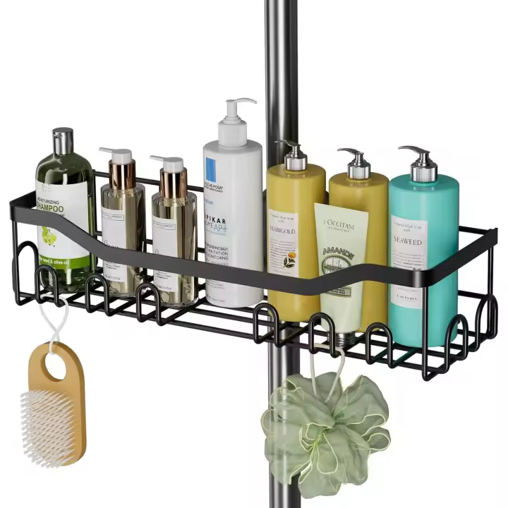 Hozeed Shower Caddy No Drilling,Stainless Steel Bathroom Shelf,Rustproof,Large Size and Capacity Rack for 18mm-25mm Rail,Black Storage Organizer for Shampoo Shower Gel - 1