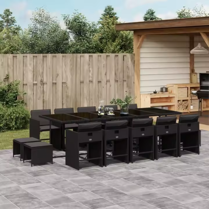 vidaXL Set comedor de jardín con cojines 15 pzas ratán sintético negro - 1