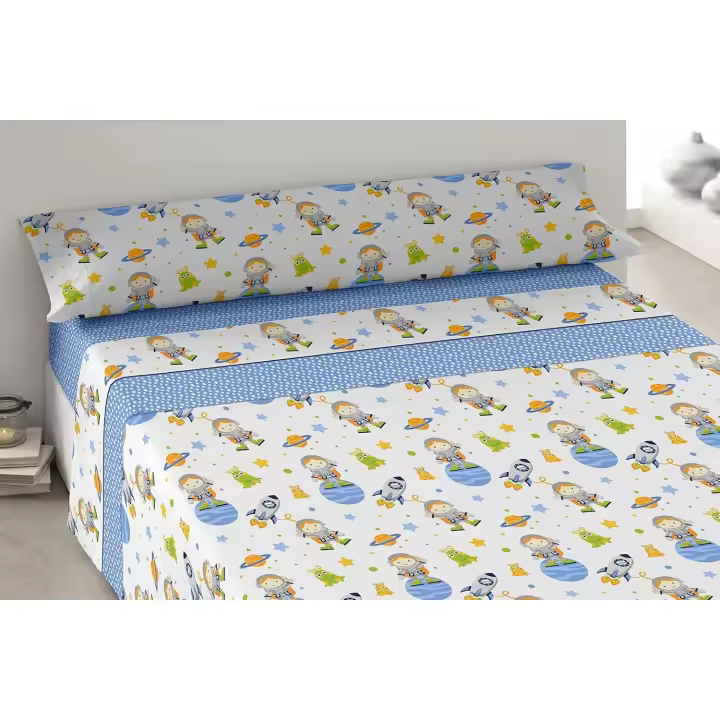 Juego de sábanas infantiles para cama de 90cm y 105cm - 4 modelos: Astronauta, Unicornio, Sirena, Dinosaurios - 50% Poliéster 50% Algodón - Divertidos diseños temáticos y gran calidad - Kimbatex Textil Hogar Tienda - 1