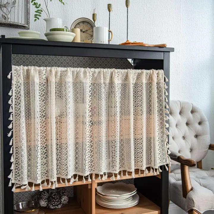 Cortinas cortas bohemias vintage, cortinas cortas, cortinas de encaje, cortinas de crochet, beige, cortinas cortas con borlas, estilo campestre, cortinas cortas para cocina, cafetería, baño, dormitorio, 1 - 1