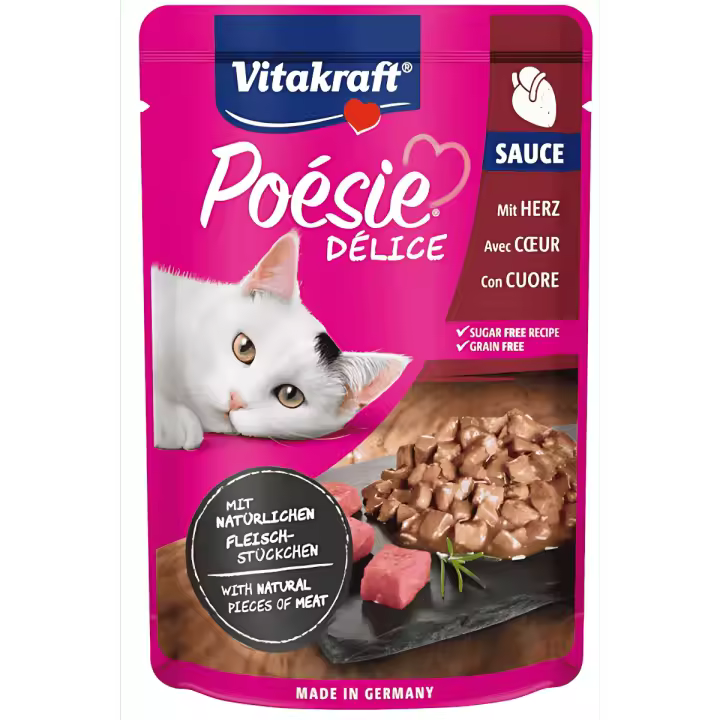 Vitakraft Poesie Delice Salsa con trocitos de Corazon 85 gr  Bocaditos en Salsa para Gatos de Calidad Premium Sin Cereales Grain free - 1