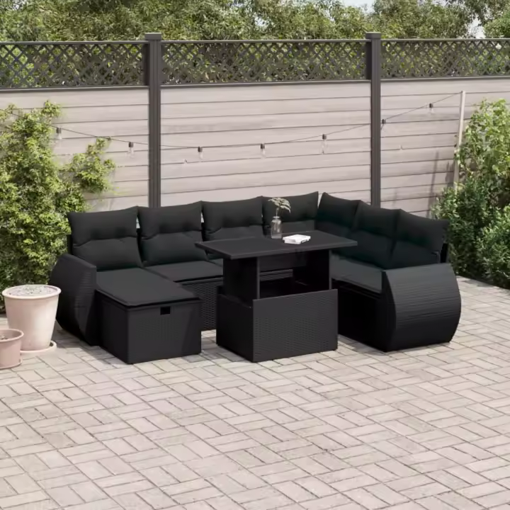 vidaXL Set de sofás de jardín 8 piezas y cojines ratán sintético negro - 1