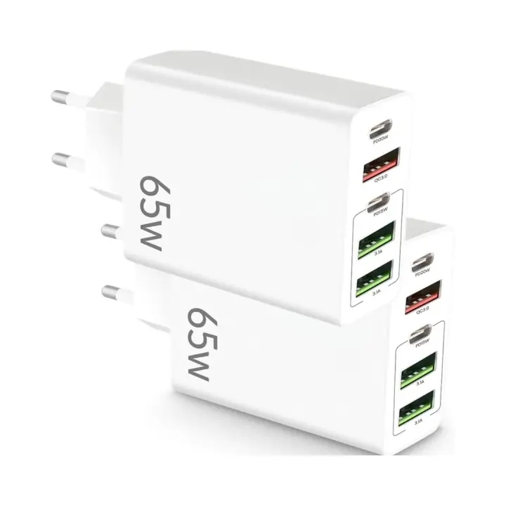 Pack 2 Cargador USB C Carga Rápida Marca NFMAXONE- Múltiple 5 Puertos - Enchufe Multiple 65 W - Adaptador Compatible Con Samsung, iPad, iPhone, Google Marca: NFMAXONE - 1