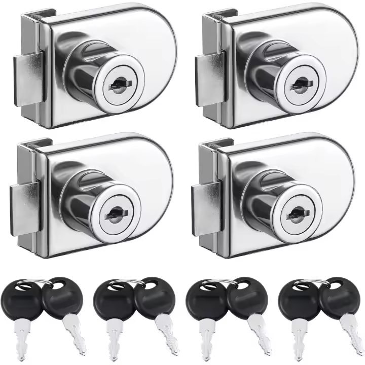 Paquete de 4 cerraduras de gabinete de vidrio sin perforación, cerraduras de puerta de vidrio simple con llaves iguales, cerradura de seguridad de gabinete de pantalla abierta doble para vidrio de 5-8mm - 1
