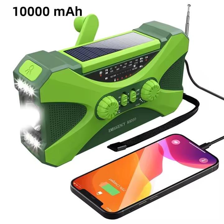 Radio De Emergencia Portátil Con Solar Y Manivela De Manivela 10000mAh Con LED Y Cargador USB Luz De Mano Recargable Para Clima NOAA AM FM - 1