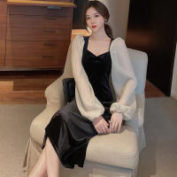 Vestido Elegante De Mujer Verano 2025 Chiffón Manga Aplanada Vintage Negro Veludo Cuello V A-Line Midi Moda Coreana - details 4