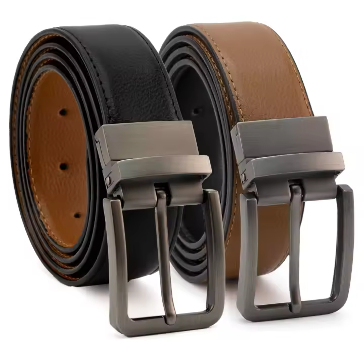CINTURONTOP Cinturón Reversible de Cuero para Hombre - Ideal para Trajes y Jeans - Ajuste Cómodo y Preciso - Color Negro y Marrón Claro - Estilo Elegante - 125cm - 1