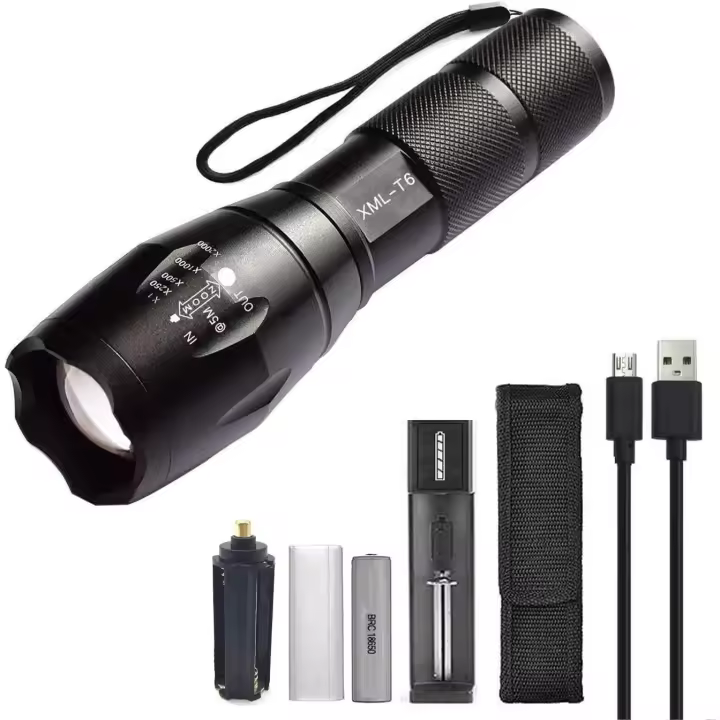 Juego de linterna LED de alta potencia con baterías recargables 18650, linterna táctica con cargador USB - 1