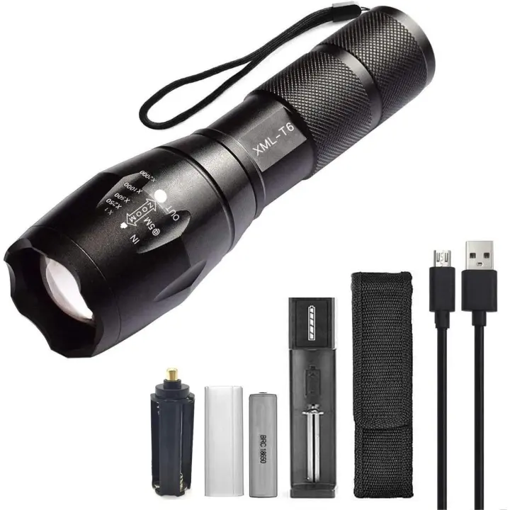 Juego de linterna LED de alta potencia con baterías recargables 18650, linterna táctica con cargador USB - 1