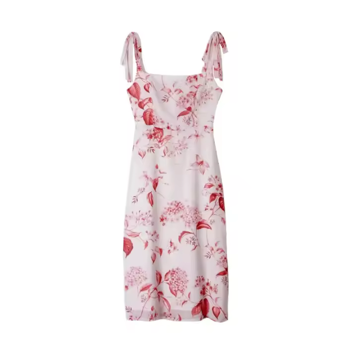 Side slit suspender dress for women with retro square neck, slim fit, double shoulder straps, printed slimming seaside beach skirt - 1