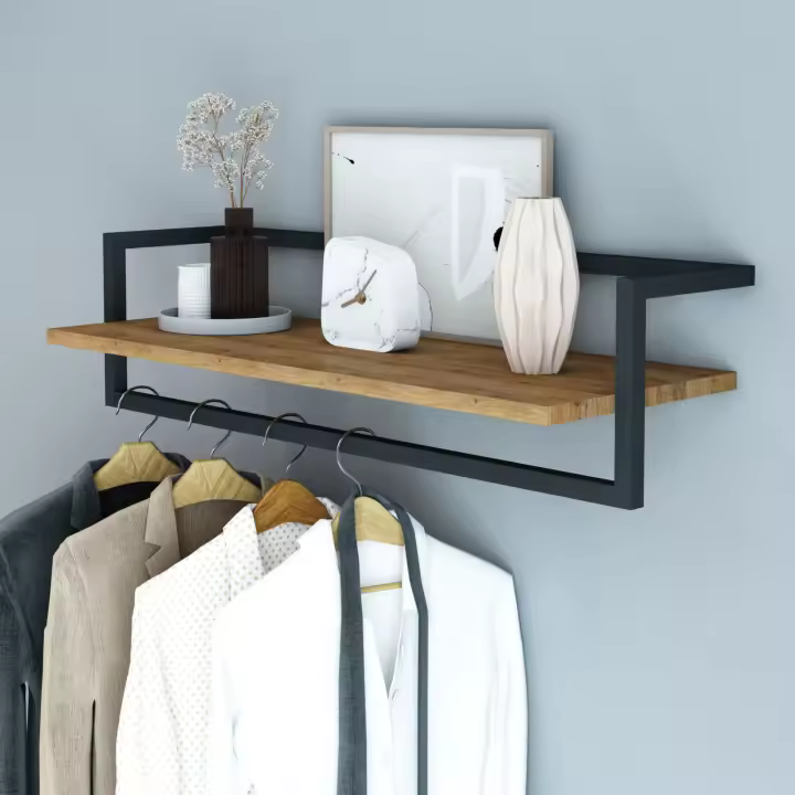 Perchero mural Evje con estante acero 80x30x20cm - Efecto Madera/Negro [en.casa] - 1