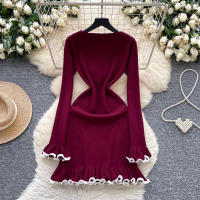 Nuevo Abrigo De Otoño Para Mujer Con Mangas Flare Y Cuello Redondo Dress De Patchwork Colorido Con Volantes Slim Mini Para Fiesta - details 1
