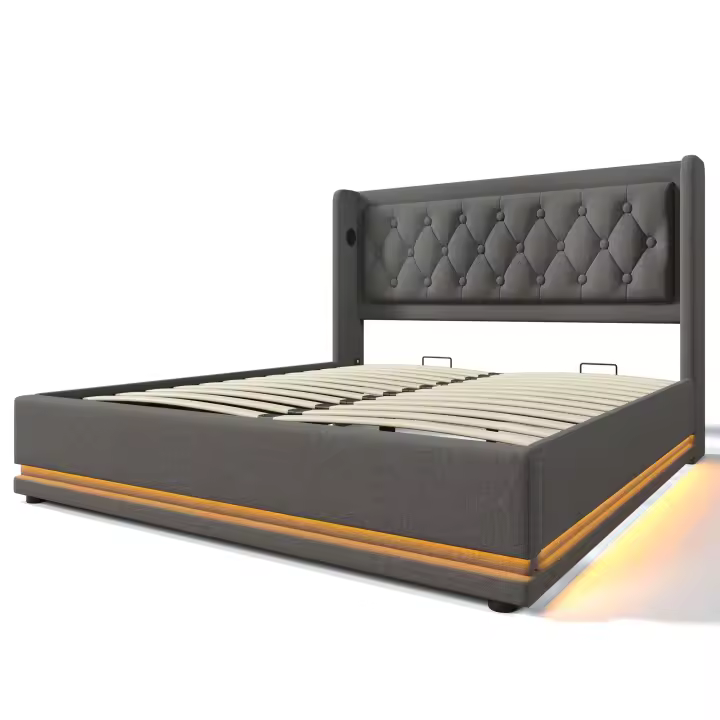 Cama Doble Tapizada 180x200 cm con Base Hidráulica de Almacenamiento - Material Algodón Gris, Cabeza Tapizada with Carga USB Typo-C y Función LED en 3 Lados (Colchón no Incluido) - 1