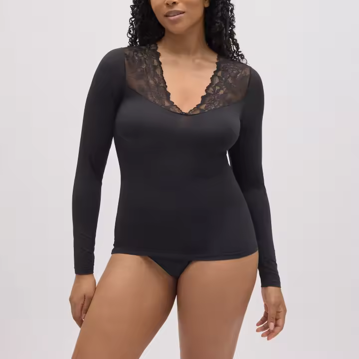 Ysabel Mora - Camiseta manga larga elástica con encaje negro - 1