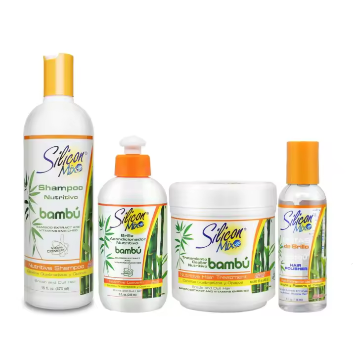 CasaSofia- Silicon Mix Bambu Set 4 piezas Champú 473ml, Tratamento 450g, Leave In 236ml, Pulidor de Cabello 118ml. Regenerar y nutrir. Vitaminas E, C y F, Aceite de Carthamus y Aceite de Almendras para mejorar la salud y belleza de tu cabello. - 1