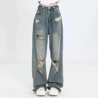 Vaqueros Vintage Americanos Para Mujer Cintura Alta Pierna Ancha Holgados Ropa De Calle Estilo Hip Hop Ropa Trasnochada Tejido Suave - details 1