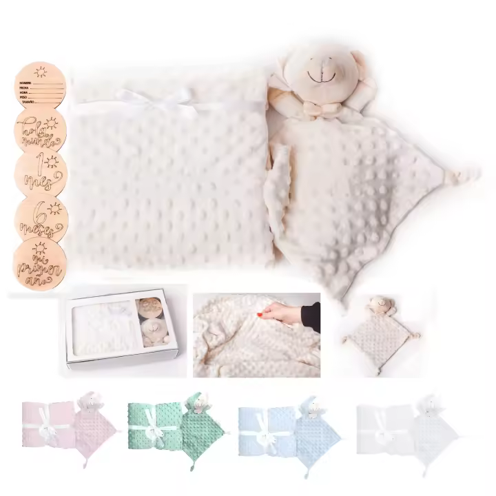 Olesea Regalo Recien Nacido Manta de Bebé – Set de Regalo con Manta + DouDou + Placas Cumplemes de Madera Cesta Bebe Regalos para bebes Baby Shower Bautizo - 1