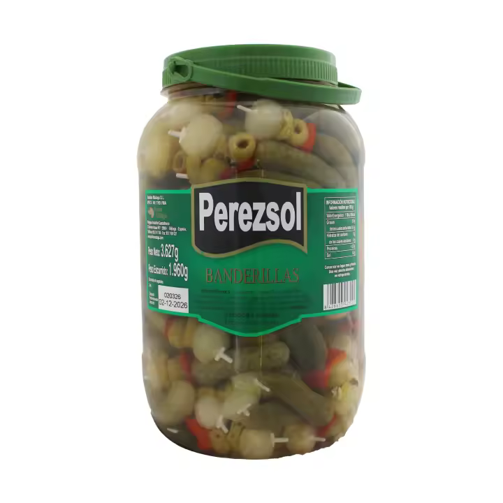 BANDERILLAS PEREZSOL – BOTE PET 3,627 KG (1,960 KG ESCURRIDO) | ENCURTIDOS SURTIDOS |  APERITIVO ESPAÑOL | HOSTELERÍA Y RESTAURACIÓN - 1