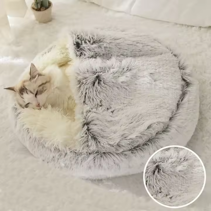 Cama De Peluche Larga Para Gato Confortable Saco De Dormir Refugio Para Pequeños Mascotas Cálido Y Profundo Descanso Almohadilla Redonda Aislada Para Mascotas - 1