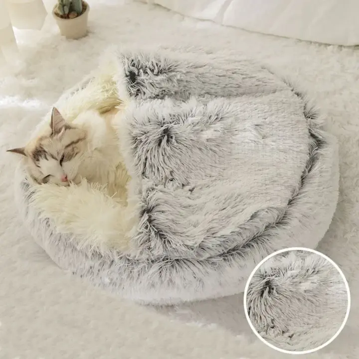 Cama De Peluche Larga Para Gato Confortable Saco De Dormir Refugio Para Pequeños Mascotas Cálido Y Profundo Descanso Almohadilla Redonda Aislada Para Mascotas - 1