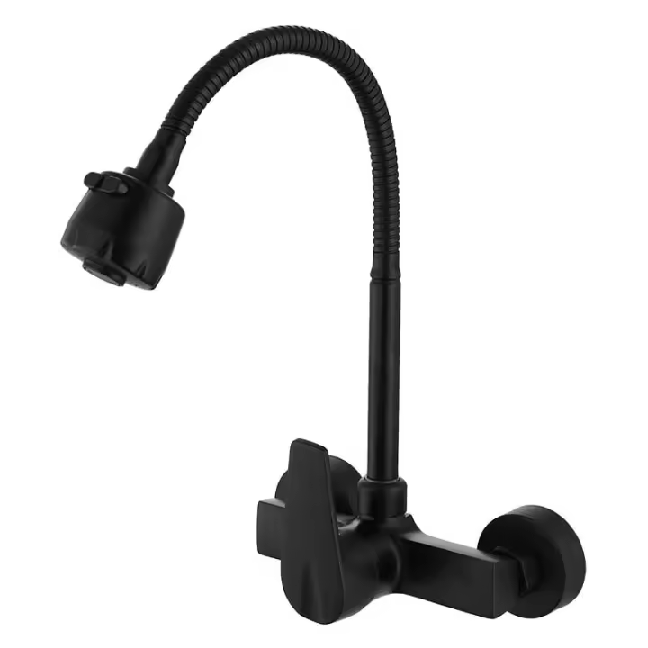 Grifo de cocina montado en la pared, grifos mezcladores de fregadero giratorios de 360 °, caño giratorio de latón negro, manguera suave, brazo giratorio, aireador de cabezal de pulverización - 1