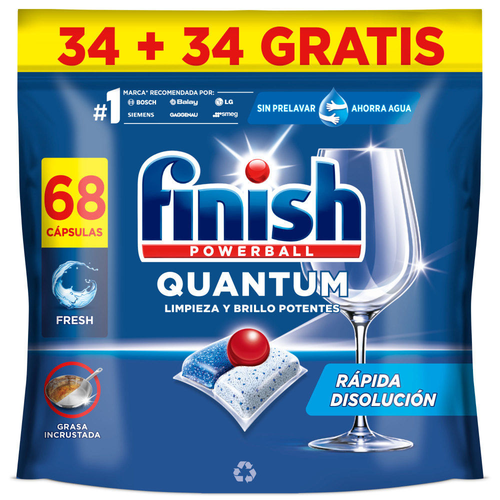 Finish Powerball Quantum, 68 Pastillas para Lavavajillas, Limpieza y Brillo Potentes, Aroma Regular
