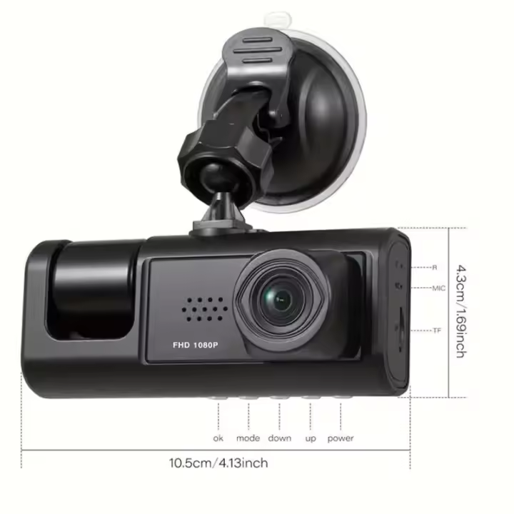 Dash Cam W/ IR Night Vision Loop Recording & 2" IPS Screen 1080P 3 Camera - 1