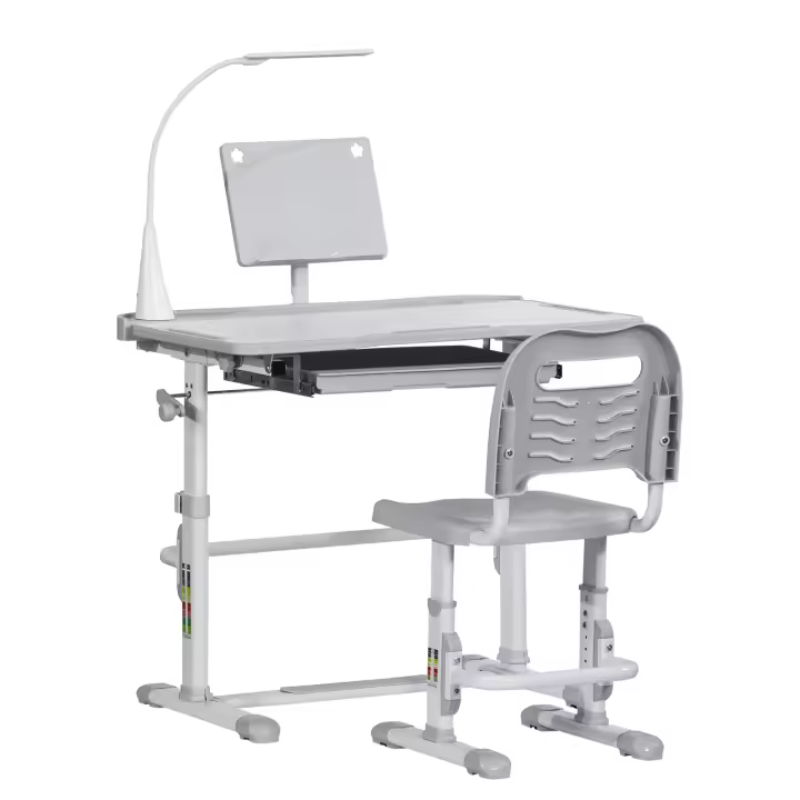 HOMCOM Juego de Escritorio y Silla para Niños de +6 Años Pupitre Infantil con Altura Ajustable Mesa Inclinable Cajón Lámpara LED y Portalápices 80x49,5x82-104 cm y 35,5x43,5x63-73 cm - 1