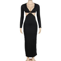 Vestido Largo De Cintura Alta Con Capucha Y Manga Larga En Color Sólido 2024 Primavera Vestido Slimming Con Espalda Descubierta Y Cuello En V Para Mujer - details 5