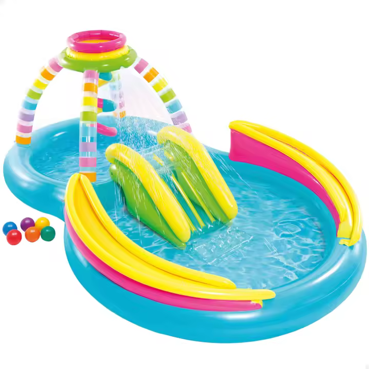 Piscina hinchable infantil INTEX Juegos con Arco Iris con tobogán, para mayores de 2 años, capacidad de 168-206L, base acolchada, medidas 191x295x109cm, incluye parche de reparación - 1