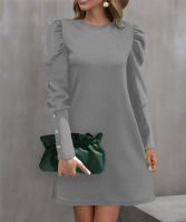 Vestido De Manga Larga Redonda Con Mangas Flotantes Y Botones Para Mujer Estilo Oficina Dama Longitud De Rodilla Poliéster Elástico Suave - details 12